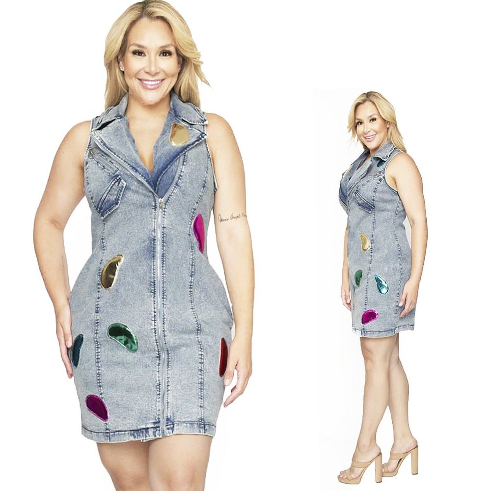 Metallic Patches Zip Sleeveless MOTO Denim Dress